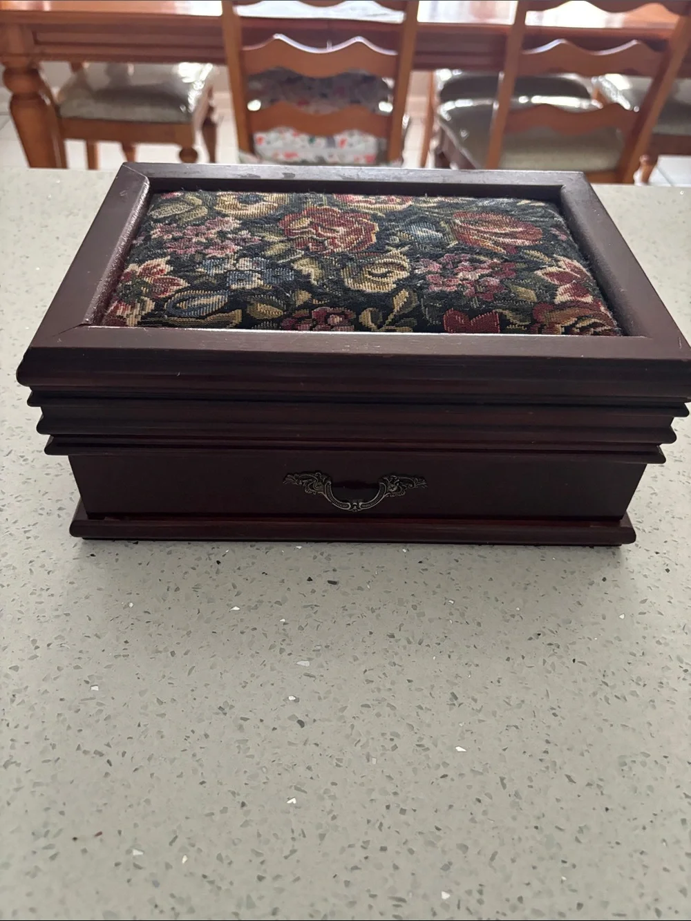 Vintage Wooden Jewelry Box Floral Needlepoint Tapestry Top Brown Burgundy